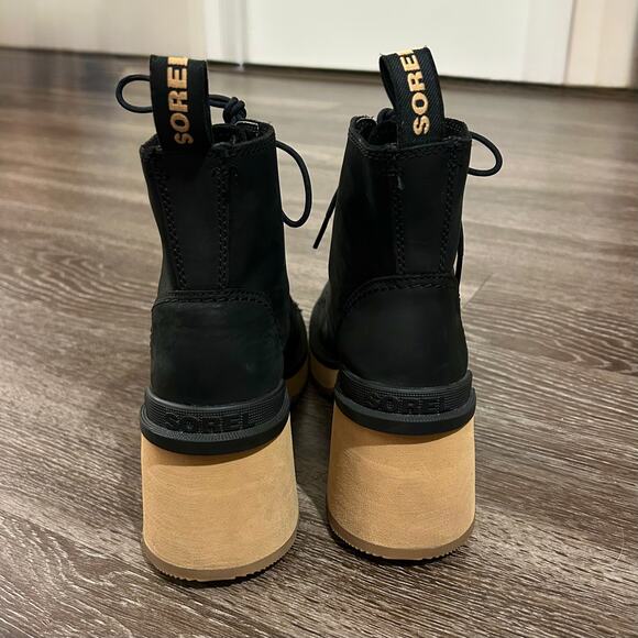 NEVER WORN Sorel Hi-Line Heel Lace Boots Black 7.5 Lug Sole Platform Chunky Heel - Picture 10 of 16
